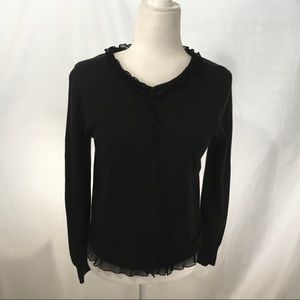J Crew Black Cardigan with Silk Lace Trim. Size M
